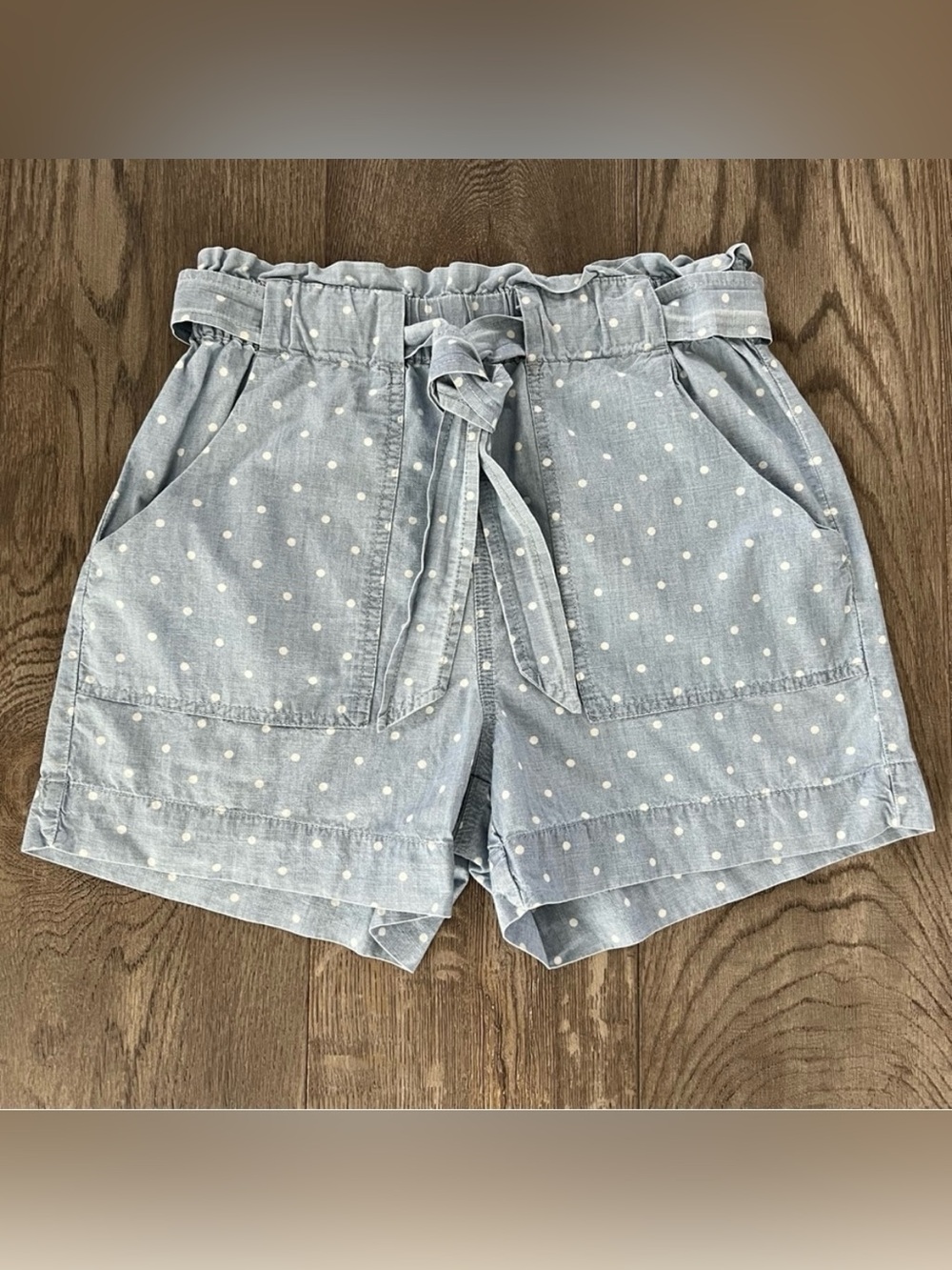 VERO MODA Blue Chambray Paper Bag Tie Waist Polka Dot Shorts Size S